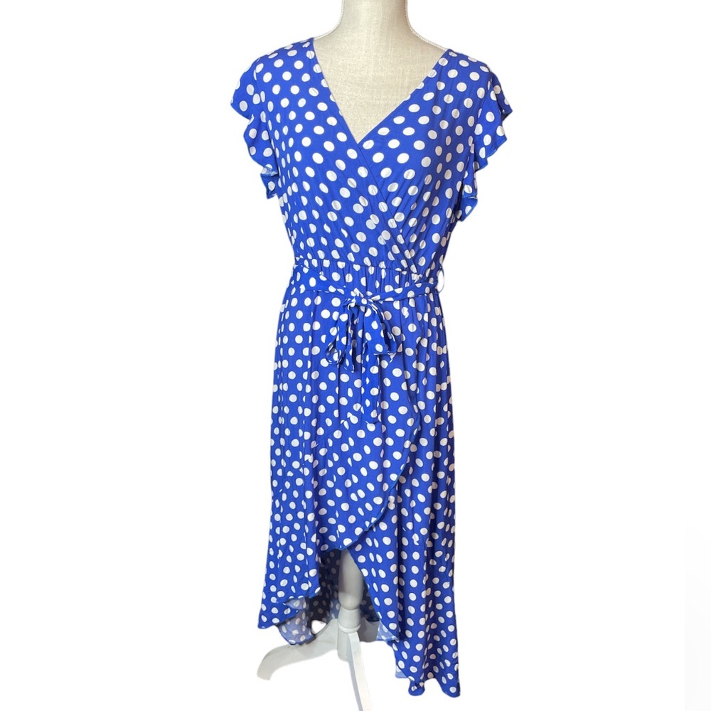 Grecerelle Short Sleeve Blue & White Polka Dot High Low Dress